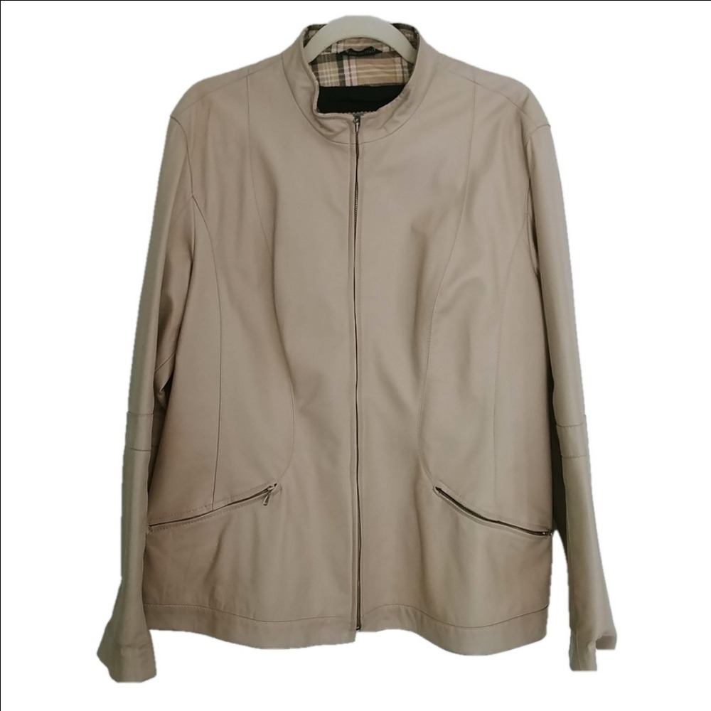 Peruzzi Leather Jacket Women 54 Beige Italian Vera Pelle Full Zip Mock Neck Belt